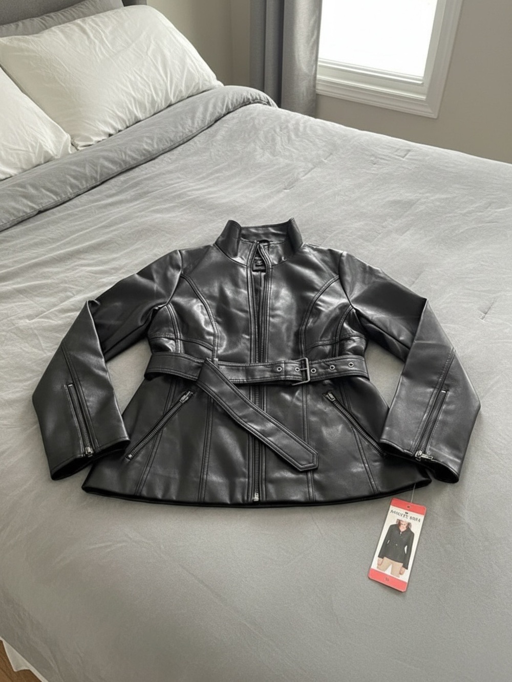 Kenneth Cole Black Faux Leather Belted Jacket